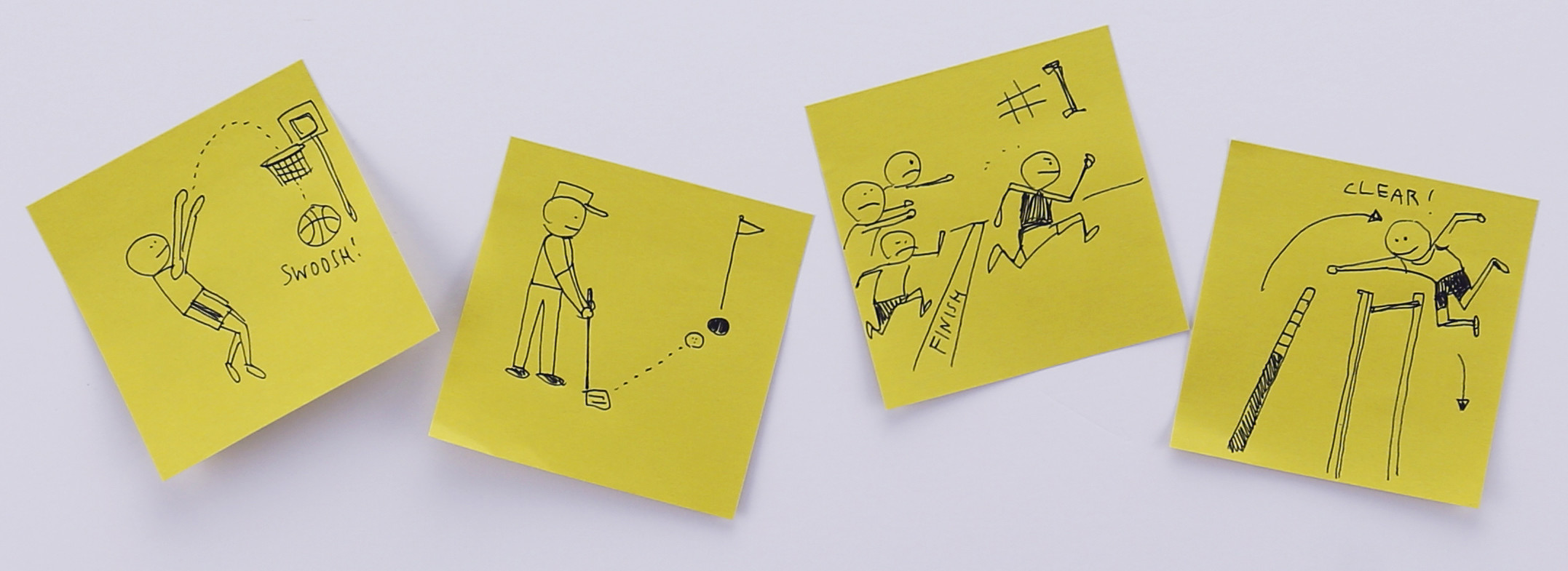 Post-it sketches of athletes playing sports