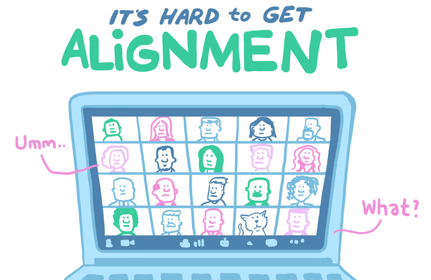 Animated sketch of a company wide Zoom call with text heading that reads "It's hard to get alignment"