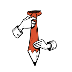 Animated sketch of the bust of a man tying a tie but the tie is a pencil