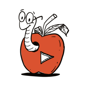 Animated sketch of a worm popping out of an apple
