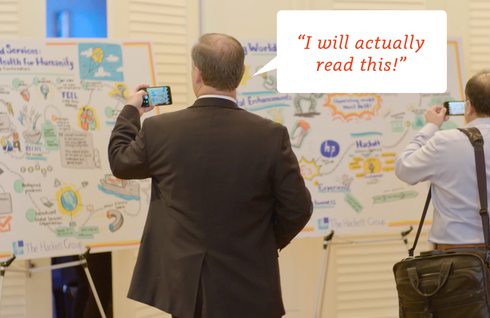 Man taking a picture of a graphic recording sketch at an event with caption "I will actually read this"