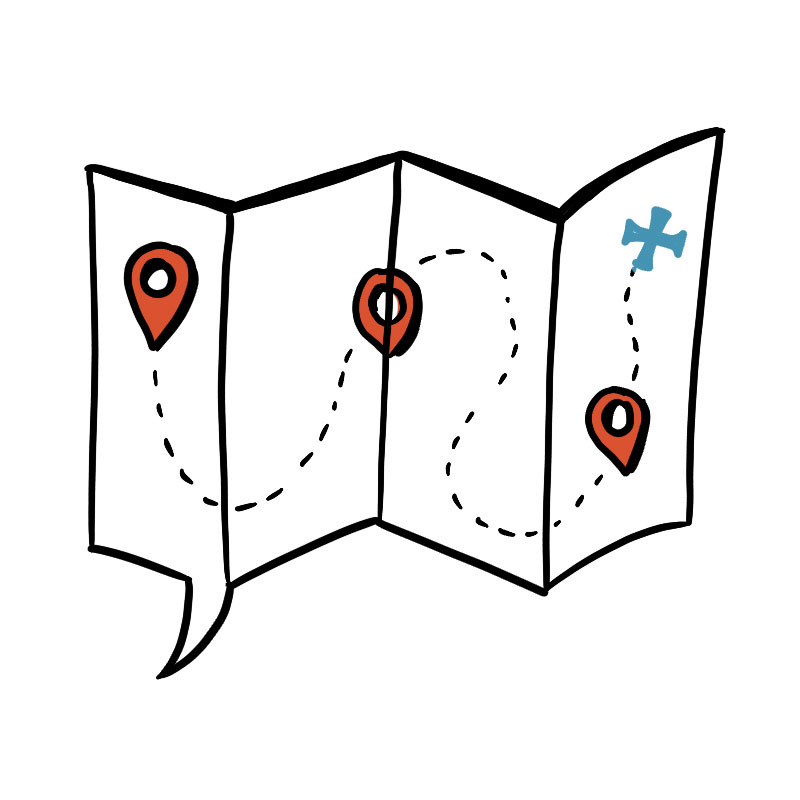 Animated sketch of a map with dotted lines and pin points leading to an X