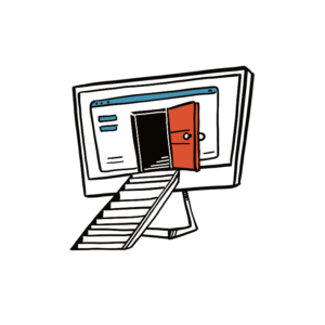 Animated sketch of a computer screen displaying an open door with stairs leading up to it.
