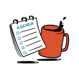 Animated sketch of an agenda next to a cup of coffee