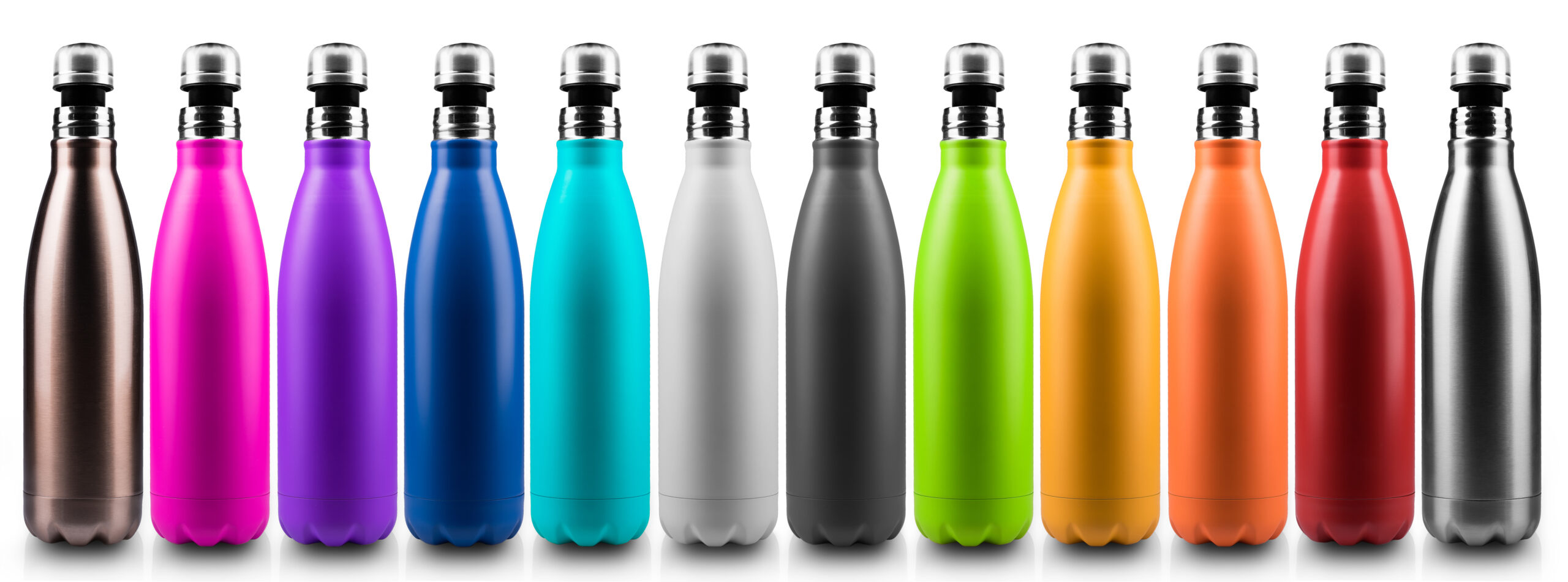 Row of multi-colored water bottles symbolizing trade show "swag"