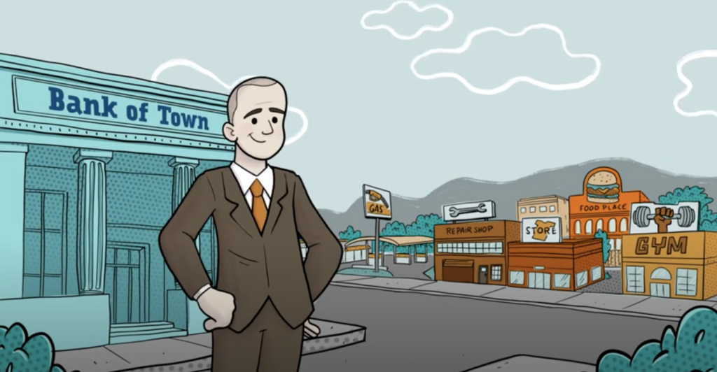 Screenshot from a 2d animated video that depicts a businessman standing in front of a bank