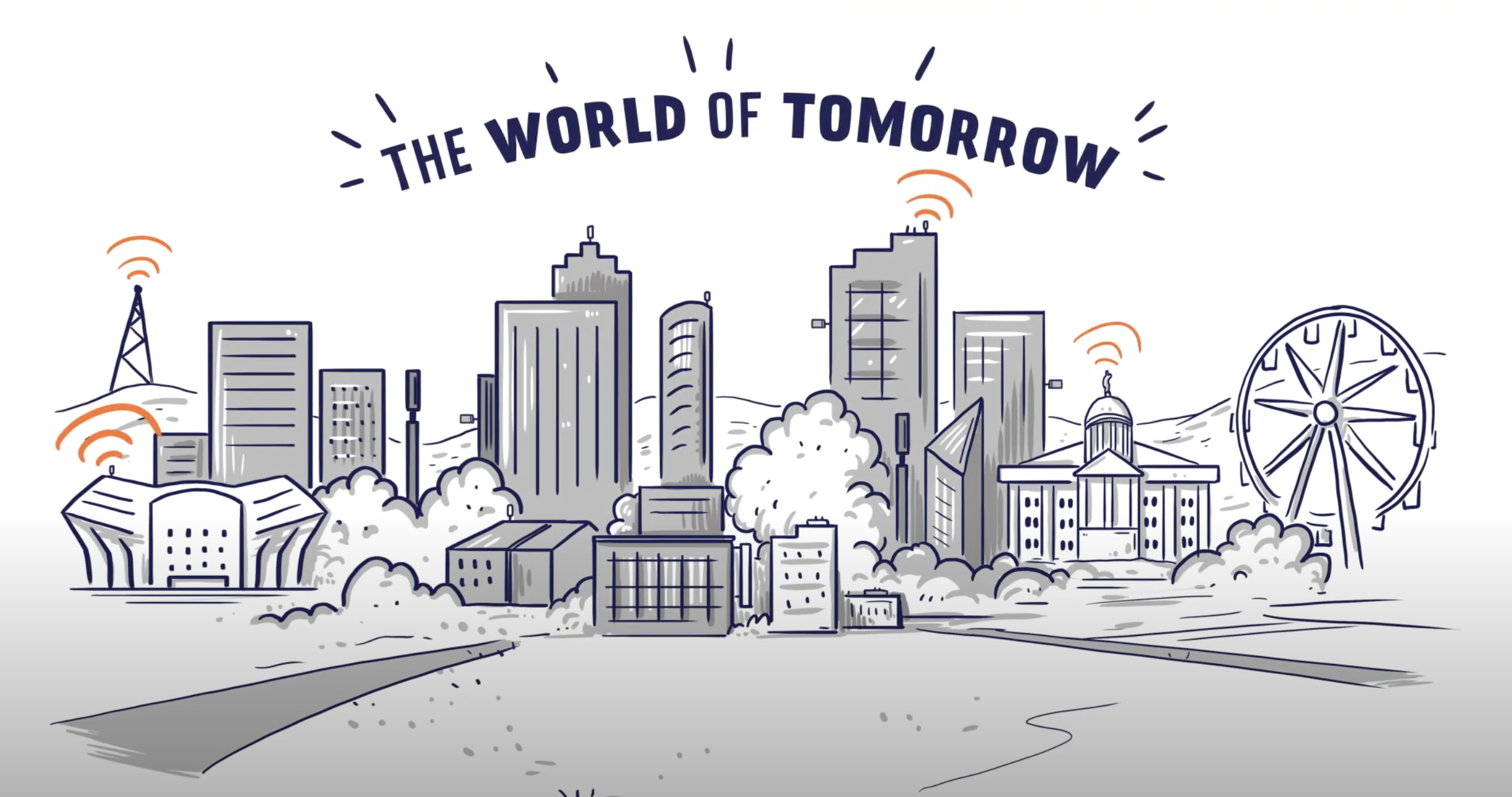 Screenshot from hand drawn video animation of a city with text that reads "the world of tomorrow"
