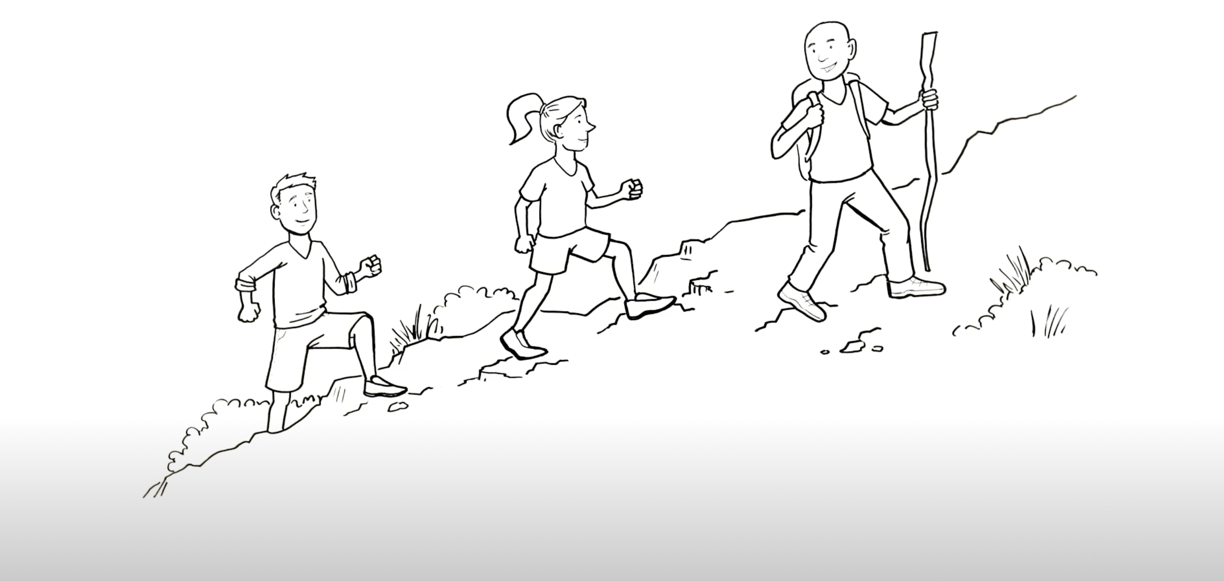 Screenshot three characters hiking from a Whiteboard Video Created by The Sketch Effect