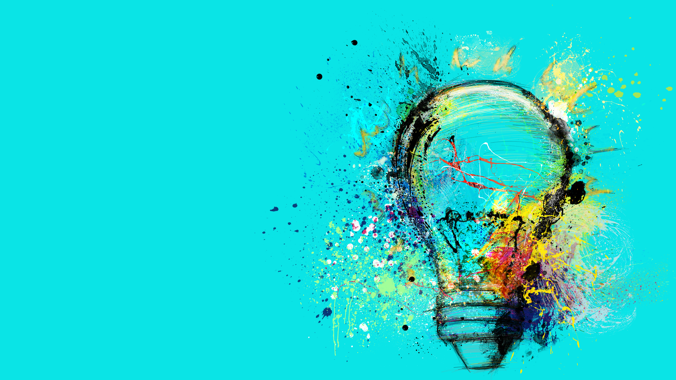 Big stylized light bulb on cyan background drawn with splashes of colored paint.