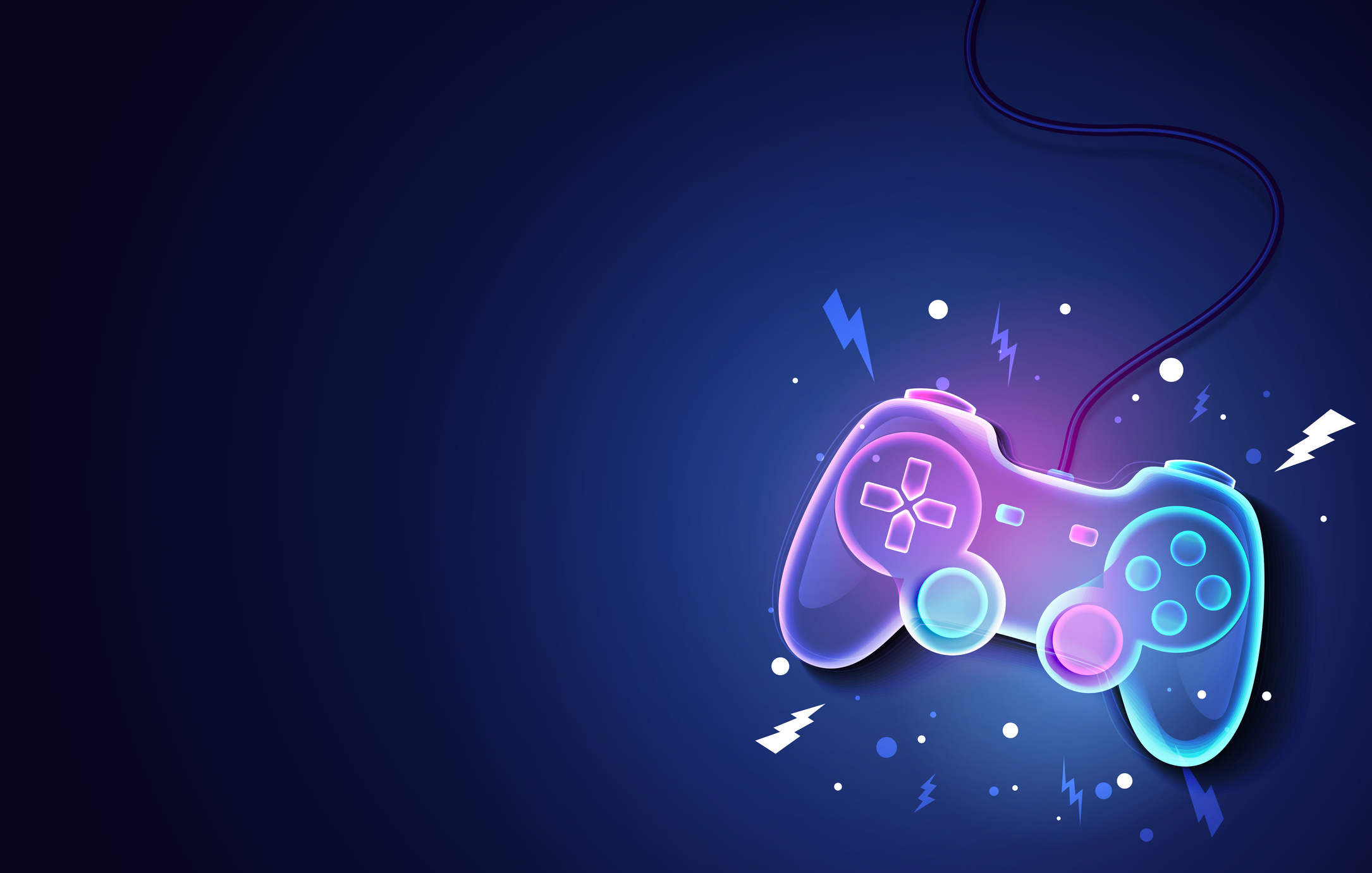 Neon Game Controller on blue Background.