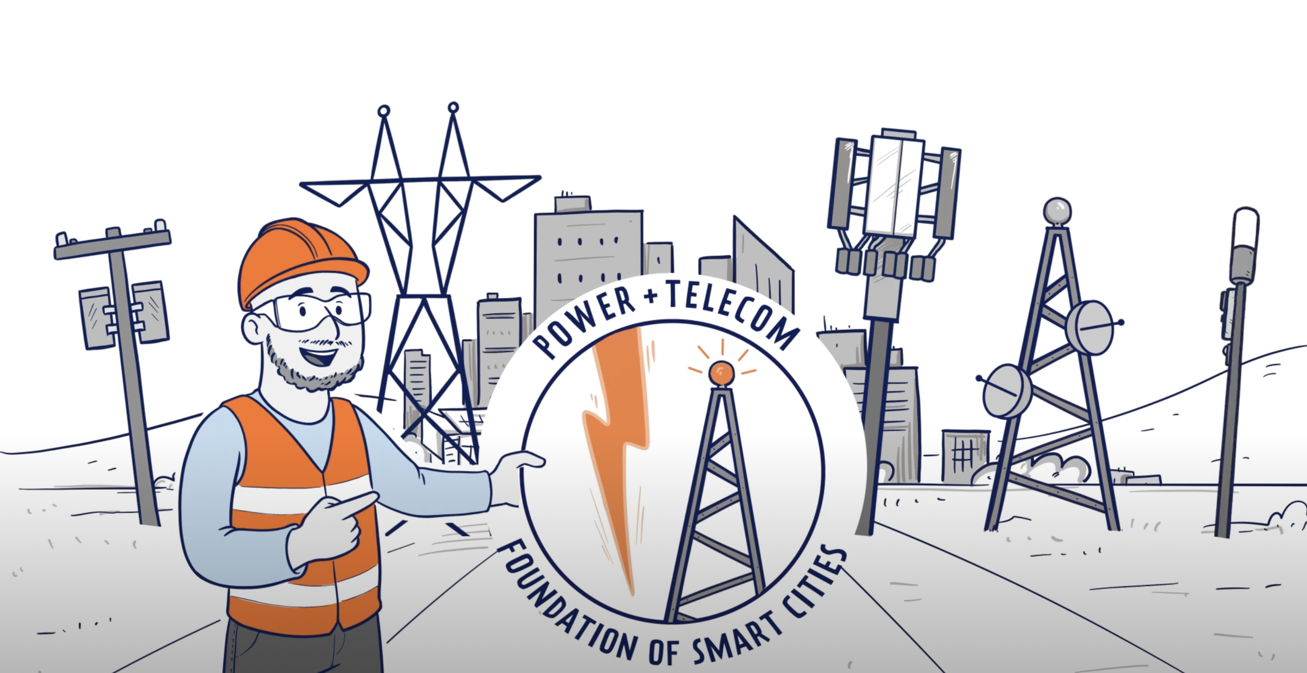Cartoon animated male in a hard hat and safety vest holding an electric company's logo. There is the view of a city and electric lines in the background.