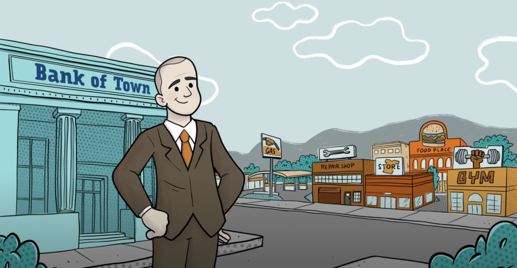 A cartoon animation image showing a male standing in front of a bank