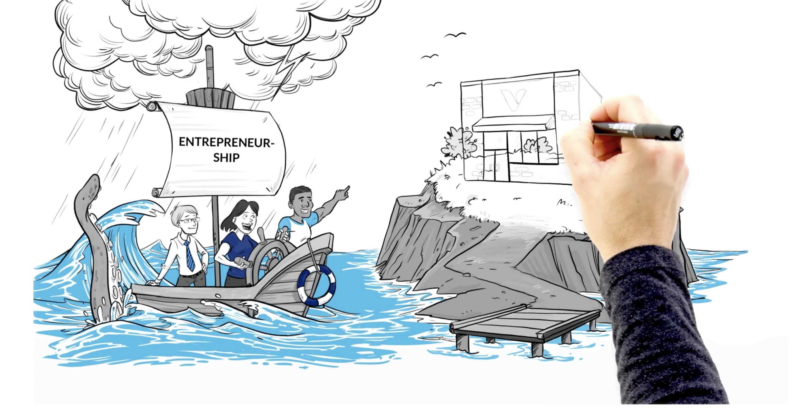 Screenshot of whiteboard explainer video depicting a small boat sailing to shore