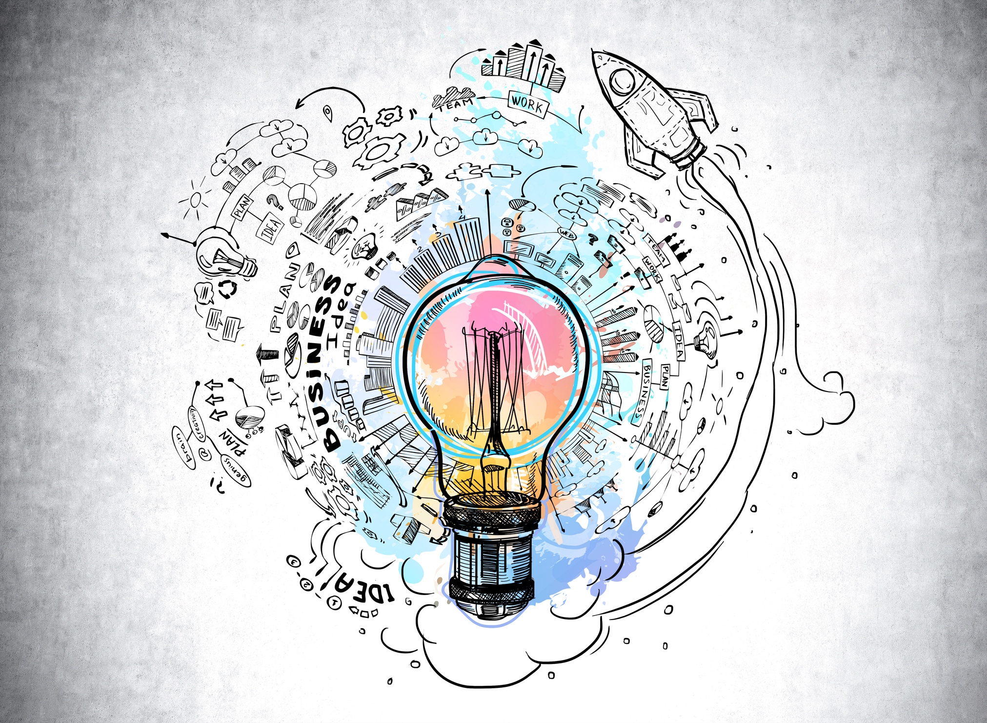 Colorful sketch with large light bulb symbolizing brainstorming session