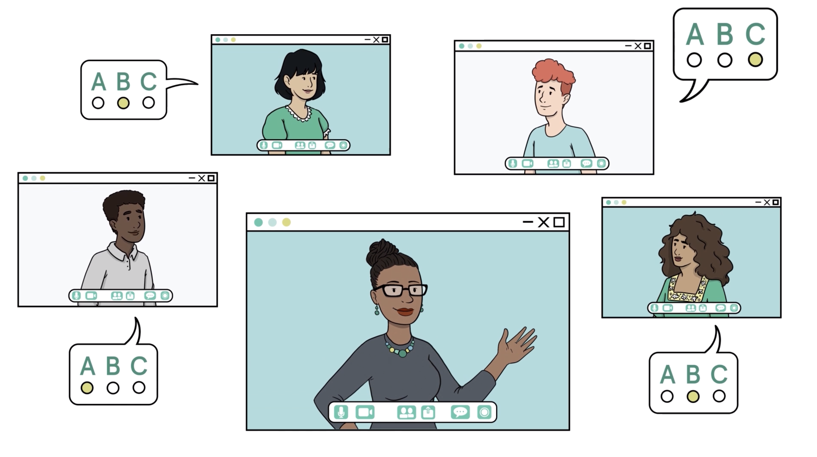 Screenshot of animated characters attending a virtual workshop