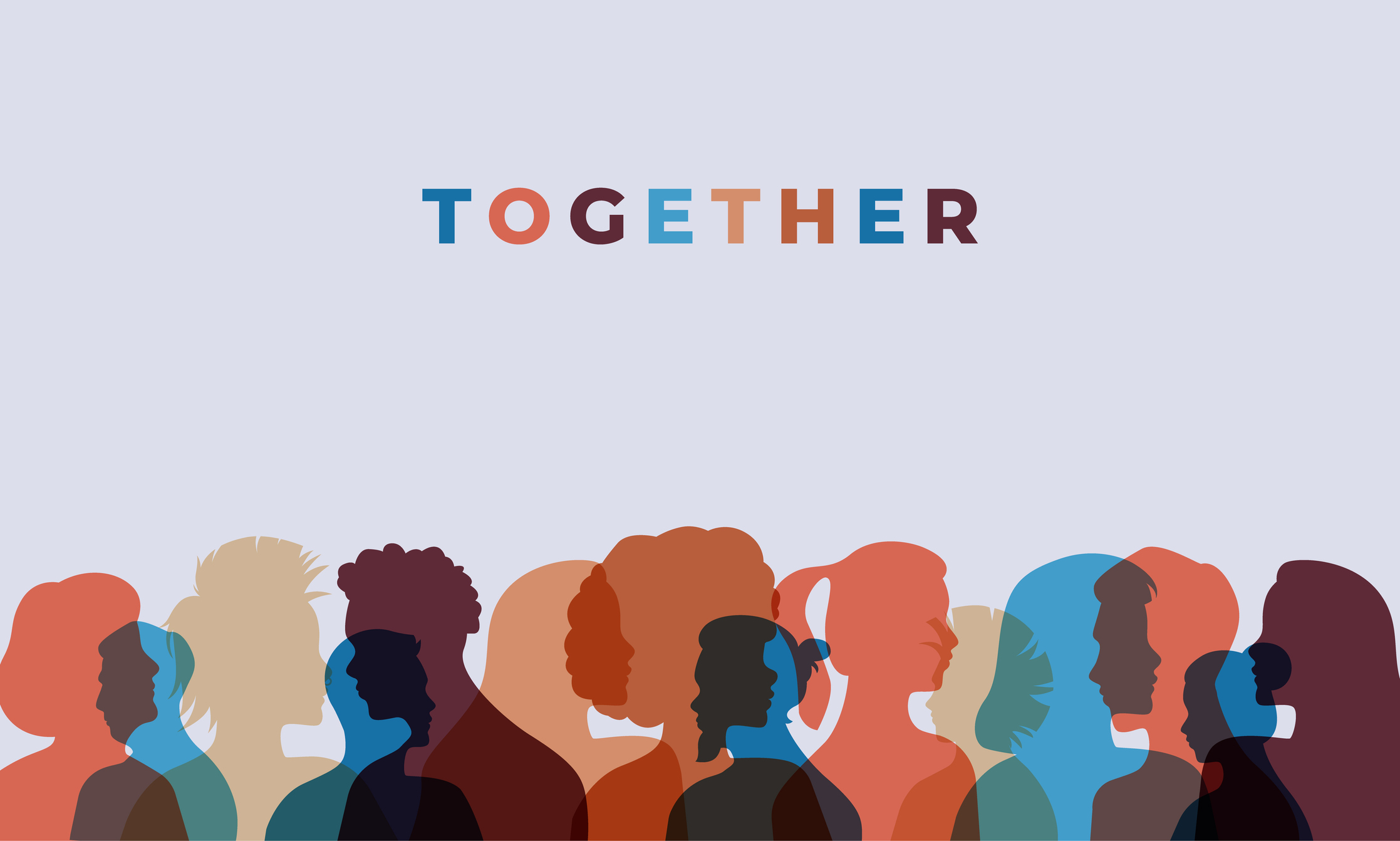 Together colorful quote illustration with diverse faces in transparent color design. 