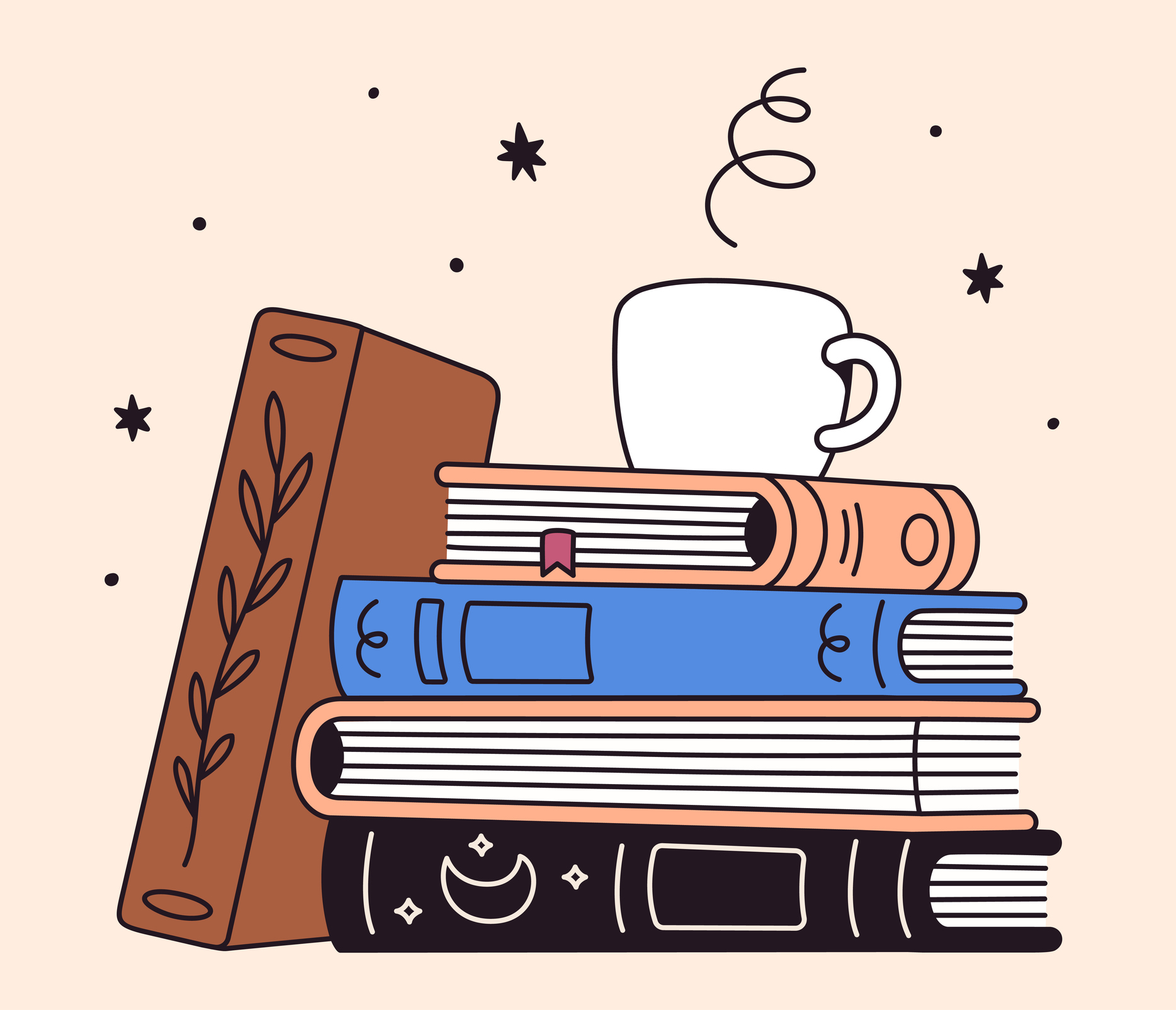 Stack of books and cup of coffee.