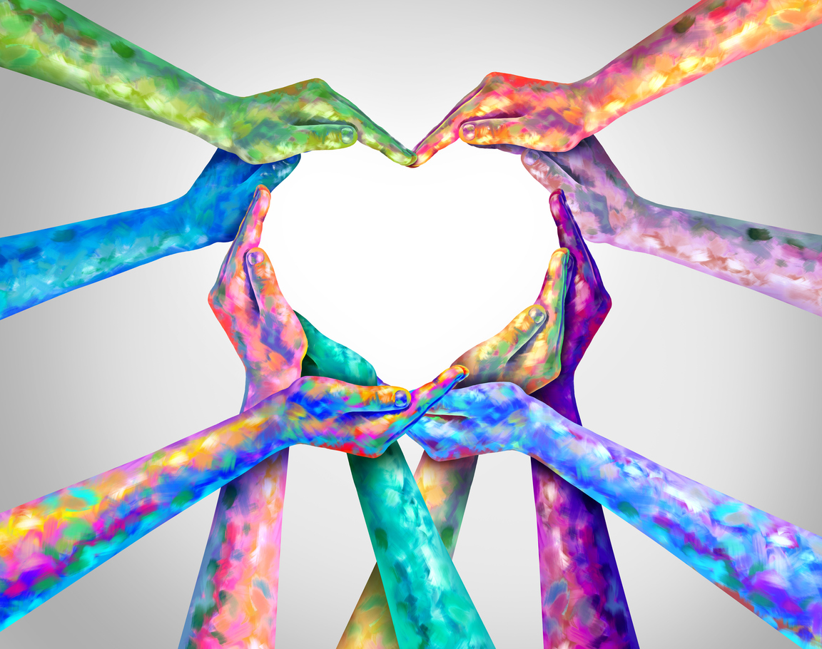 Diversity Heart hands as a group of artistic hands with painted texture as diverse people connected together shaped as a love symbol for unity in a 3D 